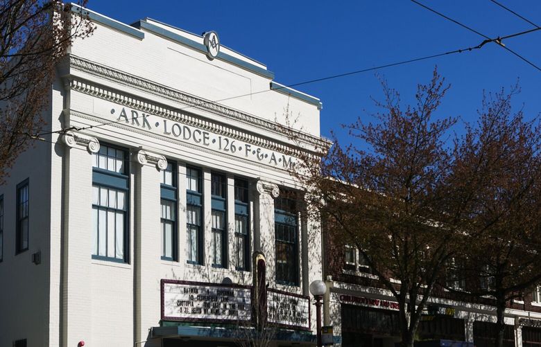 The Ark Lodge Masonic Temple building was built  in 1921 for Masons to meet upstairs and a mixed-use rental storefront downstairs, and is now the Ark Lodge Cinema neighborhood movie theatre in Columbia City in South Seattle, photographed March 31st, 2016.