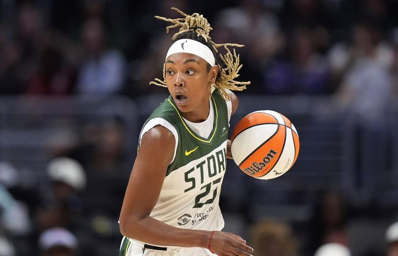 Seattle Storm’s Jordan Horston dribbles during the first half of a WNBA basketball game against the Los Angeles Sparks, Wednesday, Sept. 11, 2024, in Los Angeles. (AP Photo/Mark J. Terrill)