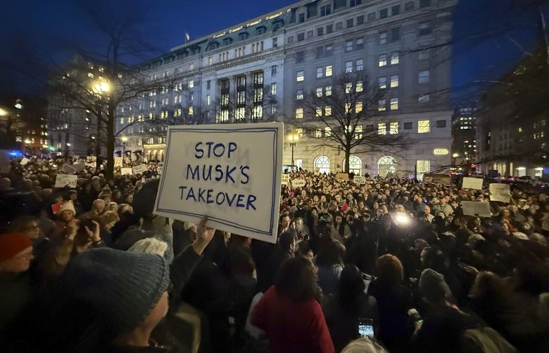 People protest during a rally against Elon Musk outside the Treasury Department in Washington, Tuesday, Feb. 4, 2025. (AP Photo/Jose Luis Magana) DCJL153 DCJL153