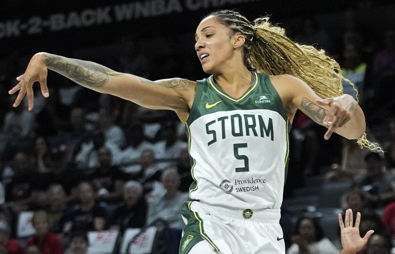 Seattle Storm forward Gabby Williams (5) passes against the Las Vegas Aces during the first half in Game 2 of a WNBA basketball first-round playoff game Tuesday, Sept. 24, 2024, in Las Vegas. (AP Photo/John Locher)