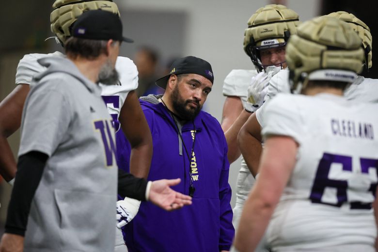 Jordan Paopao, UW tight ends coach, during spring practice Saturday morning in Seattle, Washington. (Kevin Clark / The Seattle Times, 2024)