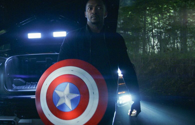 Joaquin Torres/The Falcon (Danny Ramirez, left,) and Captain America/Sam Wilson (Anthony Mackie) in “Captain America: Brave New World.” (Courtesy of Marvel Studio)