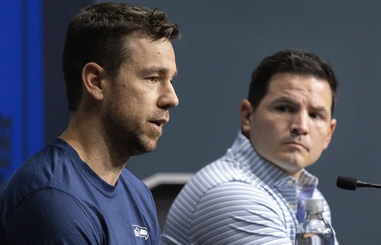 New Seahawks Offensive Coordinator Klint Kubiak (l)  is introduced at a press conference with Seahawks Head Coach Mike Macdonald held at the VMAC in Renton Tuesday, February 11, 2025. 229138