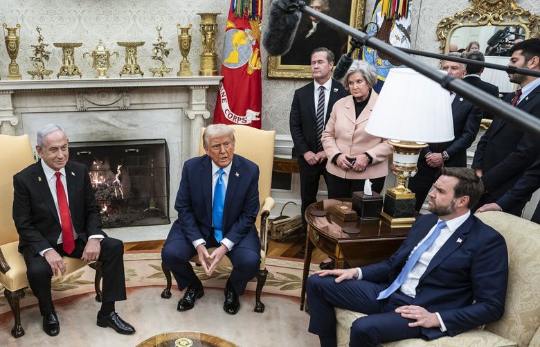National security adviser Michael Waltz, White House Chief of Staff Susie Wiles and Vice President JD Vance listen as President Donald Trump and Israeli Prime Minister Benjamin Netanyahu speak in the Oval Office on Feb. 4. (MUST CREDIT: Jabin Botsford/The Washington Post)