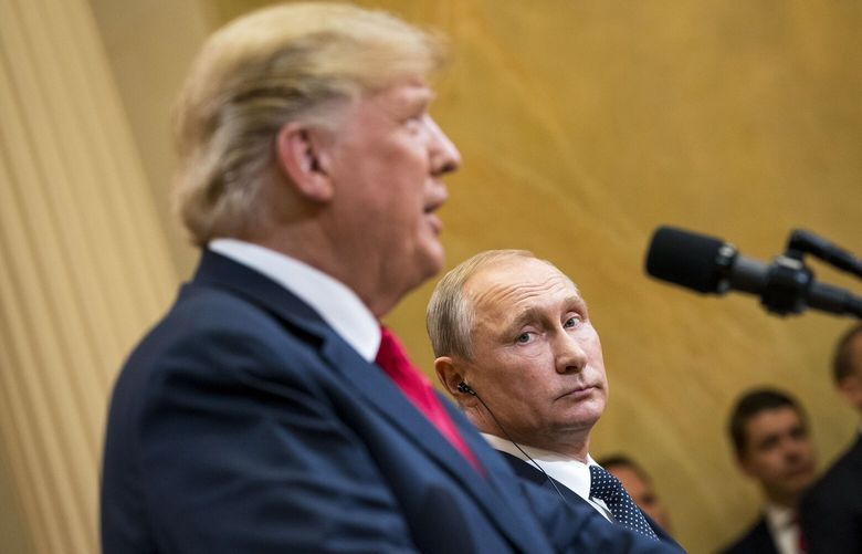 FILE – President Donald Trump and President Vladimir Putin during a joint news conference in Helsinki, July 16, 2018. President Trump jabs at the Russian leader with threats; Vladimir Putin responds with flattery but there are notable signals in their jousting, including a revived discussion about nuclear arms control. (Doug Mills/The New York Times) XNYT0393 XNYT0393