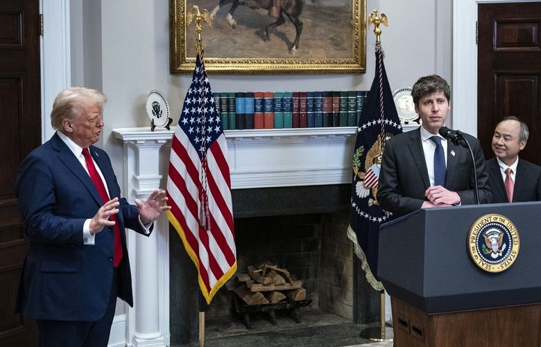 – EMBARGO: NO ELECTRONIC DISTRIBUTION, WEB POSTING OR STREET SALES BEFORE 5:01 A.M. ET ON SATURDAY, FEB. 8, 2025. NO EXCEPTIONS FOR ANY REASONS – FILE – Sam Altman, chief executive of OpenA!, speaks at a White House event with President Donald Trump, left; Softbank chief executive Masayoshi Son, third from left; and Larry Ellison, chairman of Oracle, at the White House on Jan. 21, 2025. Trump announced the AI infrastructure project Stargate at the event. (Haiyun Jiang/The New York Times) XNYT0674 XNYT0674