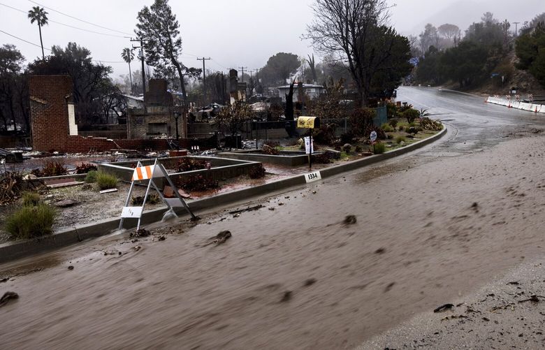 Mud flows down a road in the Eaton Fire zone during a storm Thursday, Feb. 13, 2025, in Altadena, Calif. (AP Photo/Etienne Laurent) LA444 LA444