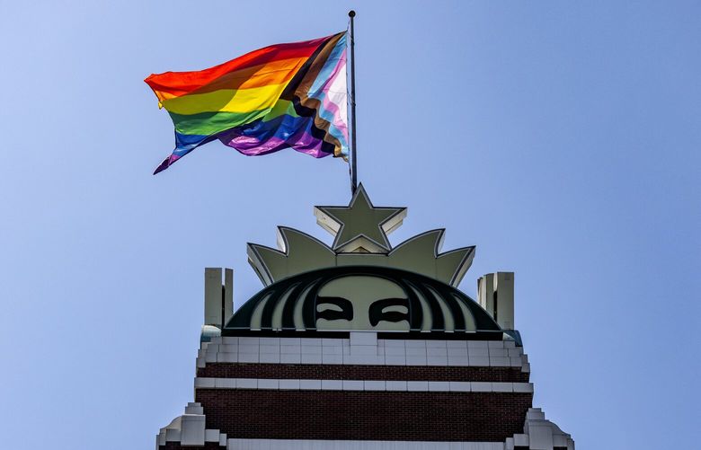 Starbucks Headquarters flies the Progress Pride flag, Sunday, June 25, 2023, in Seattle.