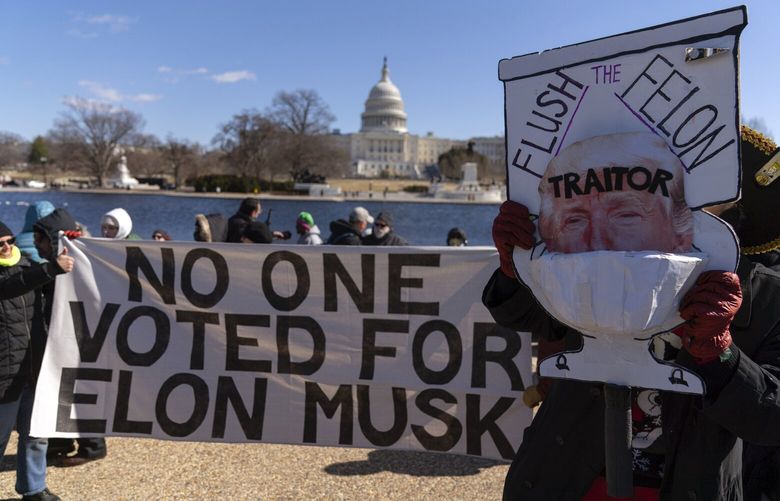 Demonstrators rally during the “No Kings Day” protest on Presidents Day in Washington, in support of federal workers and against recent actions by President Donald Trump and Elon Musk, on Capitol Hill in Washington Monday, Feb. 17, 2025. (AP Photo/Jose Luis Magana) DCJL126 DCJL126