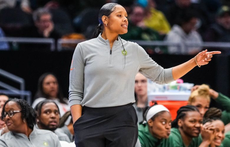 Storm coach Noelle Quinn directs her defense in the second half.  The Phoenix Mercury played the Seattle Storm in preseason WNBA Basketball Tuesday, May 7, 2024 at Climate Pledge Arena, in Seattle, WA. 226782