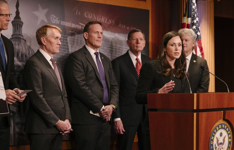 Sen. Katie Boyd Britt speaks at a news conference last month. MUST CREDIT: Caroline Gutman for The Washington Post