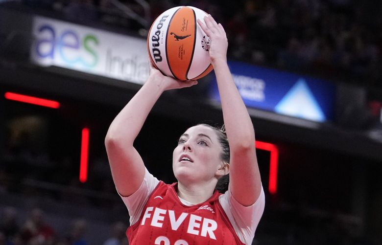 FILE – Indiana Fever’s Katie Lou Samuelson shoots during the second half of a WNBA basketball game against the New York Liberty, on July 6, 2024, in Indianapolis. (AP Photo/Darron Cummings, File) XPAG401 XPAG401