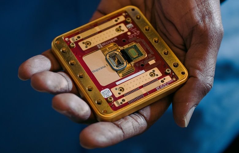 Microsoft’s new “topological qubit” quantum chip, which it says is not based on a solid, liquid or gas, but a new state of matter, at the company’s labs in Redmond, Wash. on Feb. 12, 2025. With the development, Microsoft is raising the stakes in what is set to be the next big technological contest – the dream of a quantum computer that could exploit the strange and exceedingly powerful behavior of subatomic particles. (Grant Hindsley/The New York Times) XNYT0861 XNYT0861