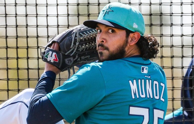 Pitcher Andres Munoz throws live batting practice Wednesday in Arizona. The Seattle Mariners held Spring Training Wednesday, Feb. 19, 2025 at the Peoria Sports Complex, in Peoria, AZ. 229368