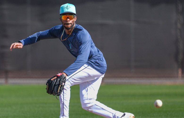 Infielder Ryan Bliss fields grounders Tuesday.  The Seattle Mariners held Spring Training Tuesday, Feb. 18, 2025 at the Peoria Sports Complex, in Peoria, AZ. 229358