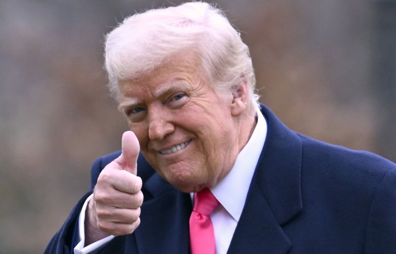 President Donald Trump gives a thumbs-up as he arrives at the White House after speaking at the Conservative Political Action Conference, CPAC, Saturday, Feb. 22, 2025, in Washington. (AP Photo/John McDonnell) DCMD121 DCMD121