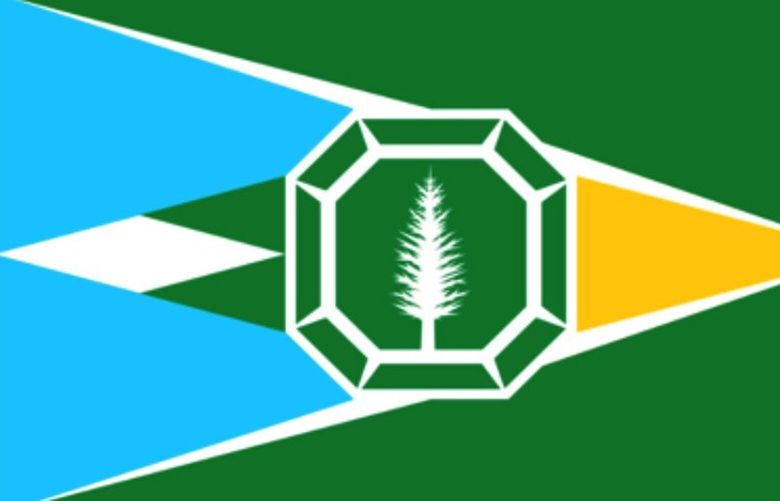 Katie Rose – The green in the field represents the trees which keep their foliage even in the dead of winter. The two areas charged with blue represent the two major hydrological features of Western Washington, those being the Columbia River and the Salish Sea, with both conferring at the hoist representing each’s own confluence with the Pacific Ocean. In between the two is a white diamond rising above the green, which represents Mount Rainier and its outsized place in the sky. Turned with the hoist facing up, the combination of shapes resembles a snow-capped mountain rising in the bright blue sky.
The emerald in the middle represents Seattle’s nickname, and inside of it is the evergreen fir, a simple combination of symbols which instantly should make the viewer think of Washington. Out east — towards the fly end — the gold emanating from the other side represents both the agricultural connection of Eastern Washington and also the sun rising each morning to nourish those farms. Overall, the design represents a unity of extremely disparate people, geographies, and livelihoods, hence all features embedded within the green field also being within the argent (white) tincture.