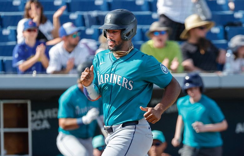 Lazaro Montes scores in the sixth off the Jack Lopez ground rule double.  The Seattle Mariners played the Milwaukee Brewers in Spring Training baseball Monday, Feb. 24, 2025 at American Family Fields, in Phoenix, AZ. 229402