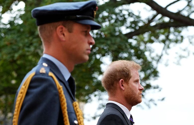 Britain’s Prince William, Prince of Wales and Britain’s Prince Harry, Duke of Sussex arrive at St George’s Chapel inside Windsor Castle on Sept. 19, 2022, ahead of the Committal Service for Britain’s Queen Elizabeth II.  (Jon Super/Pool/AFP/Getty Images/TNS) 135747027W 135747027W