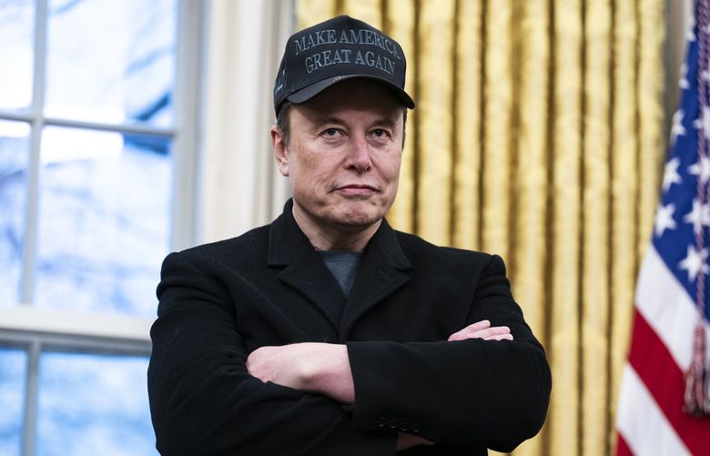 Elon Musk speaks with President Donald Trump and reporters in the Oval Office on Feb. 11. Federal agencies have begun pushing back on his U.S. DOGE Service and its efforts to cut spending and shed government workers. (MUST CREDIT: Jabin Botsford/The Washington Post)