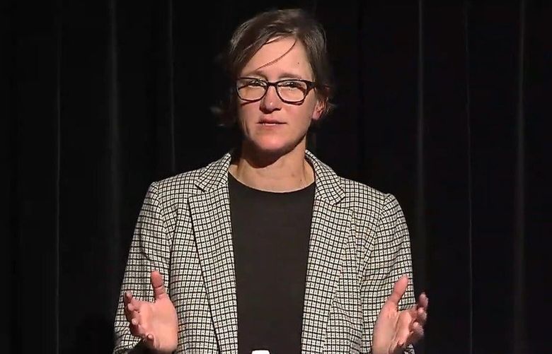 Kate Starbird, co-founder of the University of Washington’s Center for an Informed Public and professor in the Department of Human Centered Design & Engineering, delivers the 2025 University Faculty Lecture on Monday. (Screenshot of University of Washington lecture streamed via YouTube)
