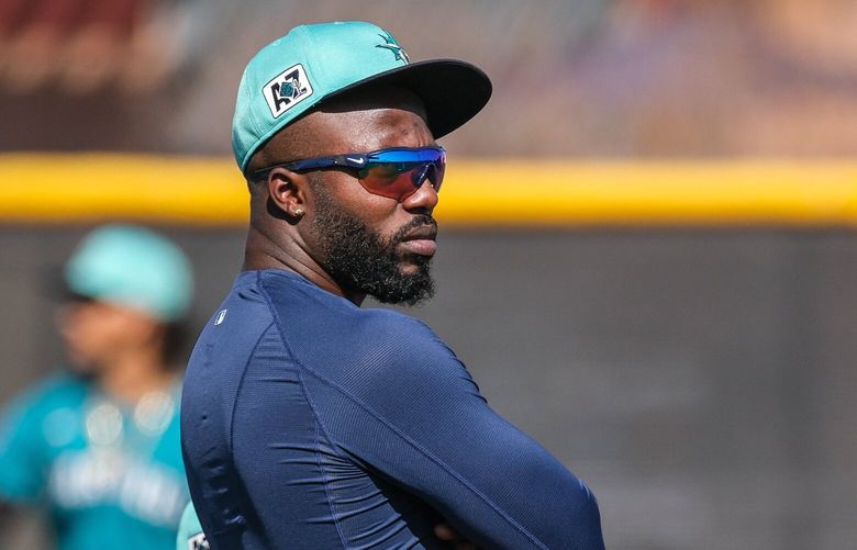 Randy Arozarena and Mariners outfielders watch drills Tuesday.  The Seattle Mariners held Spring Training Tuesday, Feb. 18, 2025 at the Peoria Sports Complex, in Peoria, AZ. 229358