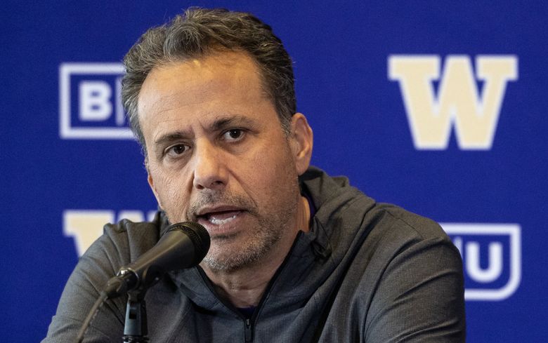 UW coach Jedd Fisch speaks about the upcoming season during a news conference Feb. 3 in Seattle. (Nick Wagner / The Seattle Times)