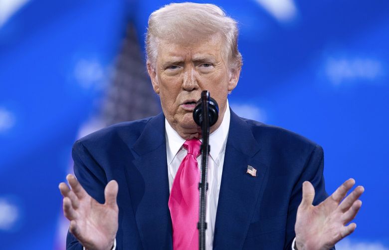 President Donald Trump speaks at the Conservative Political Action Conference, CPAC, at the Gaylord National Resort & Convention Center, Saturday, Feb. 22, 2025, in Oxon Hill, Md. (AP Photo/Jose Luis Magana) MDJL150 MDJL150
