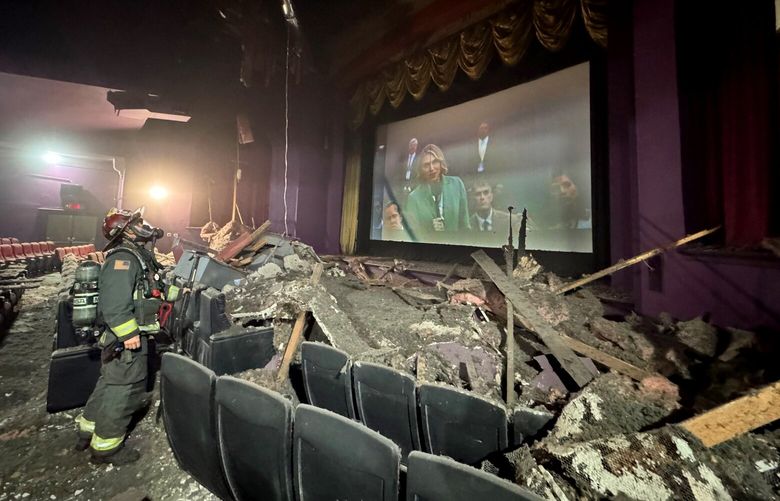 A portion of the ceiling collapse mid-showing at the Liberty Cinema in Wenatchee Tuesday evening, on Feb. 25, 2025.