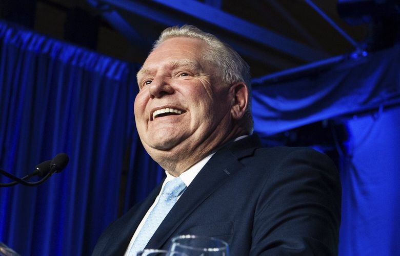 Newly re-elected Ontario Premier Doug Ford speaks to supporters at his election night event in Toronto on Thursday, Feb. 27, 2025. (Laura Proctor/The Canadian Press via AP) LGP154 LGP154