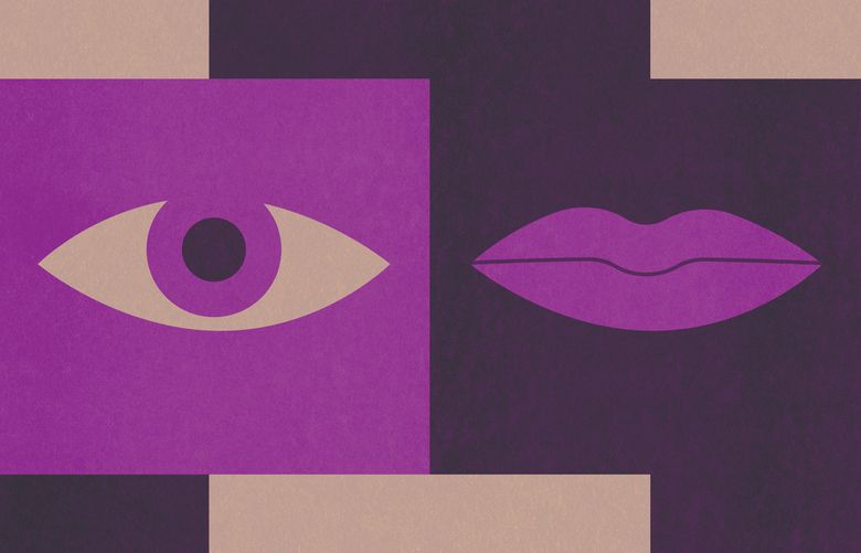 An illustration of an eye and a mouth on solid colored backgrounds
