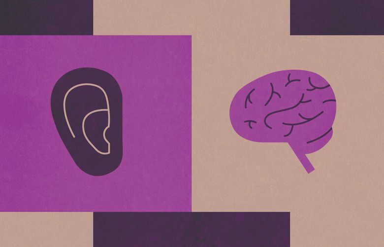 An illustration of an ear and a brain on solid colored backgrounds