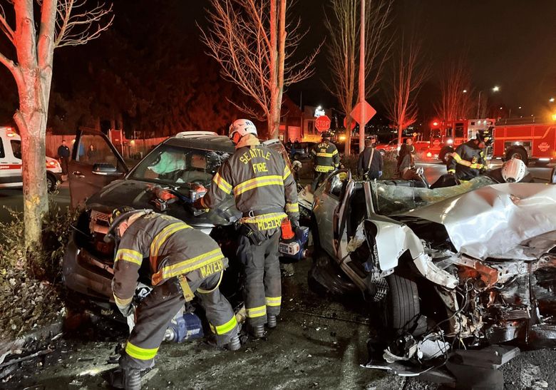 Seattle police officers arrested a 22-year-old driver for investigation of vehicular assault early Sunday following a head-on collision that left three people in critical condition on Westlake Avenue North. (Seattle Police Department)