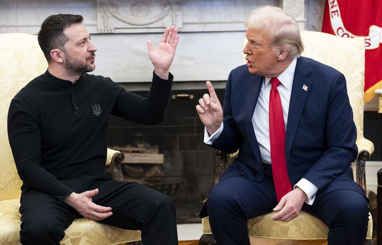 President Donald Trump and President Volodymyr Zelenskyy of Ukraine during their meeting in the Oval Office of the White House in Washington, on Friday, Feb. 28, 2025. His visit to the White House on Friday turned into a public debacle, with President Trump scolding him. (Doug Mills/The New York Times) XNYT0473 XNYT0473