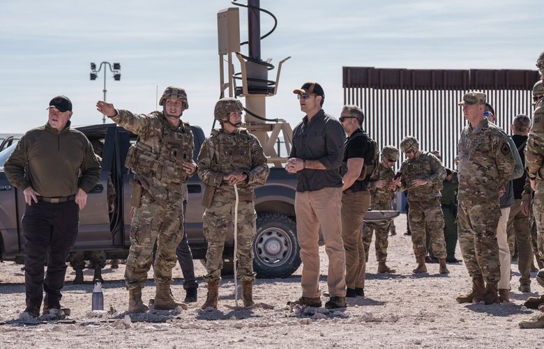 FILE – Defense Secretary Pete Hegseth, center in cap, and Tom Homan, the Trump administration’s ‘border czar,’ left, visit the U.S.-Mexico border in Sunland Park, N.M., on Monday, Feb. 3, 2025. Inside the Trump White House, there is a growing frustration with a slower-than-expected the pace of arrests and deportations. (Paul Ratje/The New York Times) XNYT0331 XNYT0331