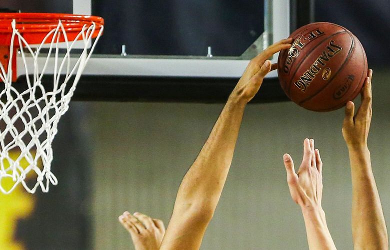 Jontay Porter of Nathan Hale, left, blocks a shot by J’Raan Brooks of Garfield but is called for a foul in the second half.

Nathan Hale played Garfield in the 3A boys championship game of the Hardwood Classic on Saturday, March 4, 2017, at the Tacoma Dome. 200938 200938