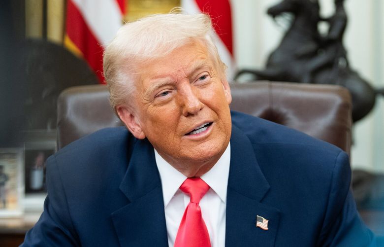 President Donald Trump in the Oval Office on Thursday. MUST CREDIT: Allison Robbert/For The Washington Post