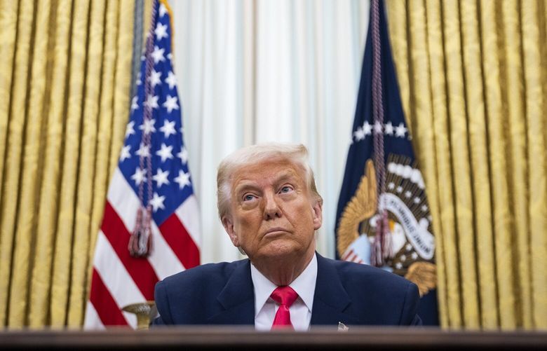 President Donald Trump as he signs executive orders in the Oval Office of the White House in Washington, on Thursday, March 6, 2025. (Maansi Srivastava/The New York Times) XNYT0826 XNYT0826