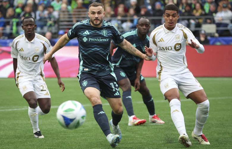 Seattle Sounders forward Jordan Morris (13) chases the ball during the second half of a match against Los Angeles FC at Lumen Field in Seattle on Saturday, March 8, 2025.    229492