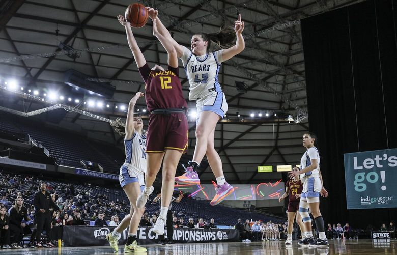 Lakeside’s Helena Christofilis has a shot block by Central Valley’s Brynn McGaughy Saturday afternoon during the Class 3A Washington State Basketball Championship in Tacoma, Washington, on March 8, 2025. Lakeside lost 39-34 to Central Valley. 229457