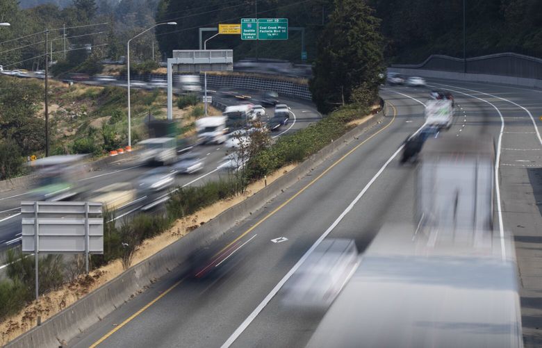 Drivers at right head northbound on I-405, in the Newport Hills area of Bellevue, shot from the overpass at Exit 9,  Wednesday, September 14, 2022.

They will not be going as fast this weekend when there will be partial closures and a complete closure Saturday of I-405 south of I-90 in Bellevue, Exit 11 to Exit 9, which is at 112th SE.

The work will take place near the Exit 9 interchange. 221574