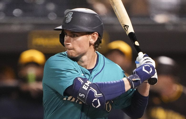 Seattle Mariners’ Colt Emerson waits for a pitch against the San Diego Padres during a spring training baseball game Friday, Feb. 28, 2025, in Peoria, Ariz. (AP Photo/Lindsey Wasson) OTK OTK