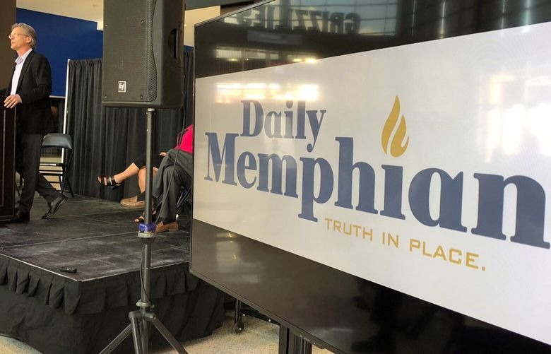 Eric Barnes, president and executive editor of the new online news site The Daily Memphian, speaks during a news conference on Monday, July 16, 2018, in Memphis, Tenn. (AP Photo/Adrian Sainz) RPAS201