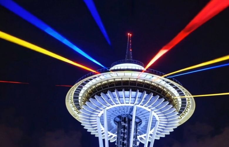 Wa Na Wari and artist duo Mendi + Keith worked with the Space Needle to put on an installation that could be seen from far-reaching corners of the city. This artist rendering shows what they hope the laser light show will look like on Friday night. Wa Na Wari teamed with the artists to come up with an art installation that would inspire hope and Black joy.