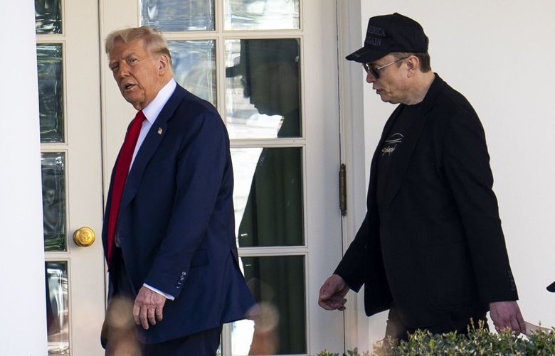 President Donald Trump walks with Elon Musk and  his son X AE A-Xii, after looking at Tesla vehicles on the South Grounds of the White House in Washington, March 11, 2025. A federal judge in Washington ordered Musk and operatives involved with his Department of Government Efficiency to hand over an assortment of documents and written answers addressing its role in the government, a perch from which the unit has effected mass firings of federal workers and a dramatic dismantling of federal programs. (Doug Mills/The New York Times) XNYT0080 XNYT0080