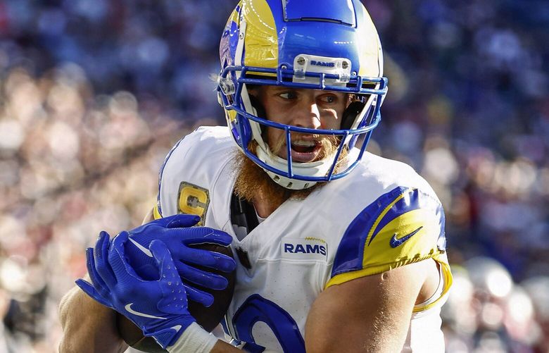 Los Angeles Rams’ Cooper Kupp makes a touchdown catch against the New England Patriots during an NFL football game at Gillette Stadium, Sunday, Nov. 17, 2024 in Foxborough, Mass. (Winslow Townson/AP Images for Panini)