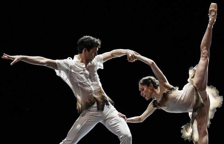 Pacific Northwest Ballet soloist Christopher D’Ariano and principal dancer Leta Biasucci in the world premiere of Price Suddarth’s Dawn Patrol.