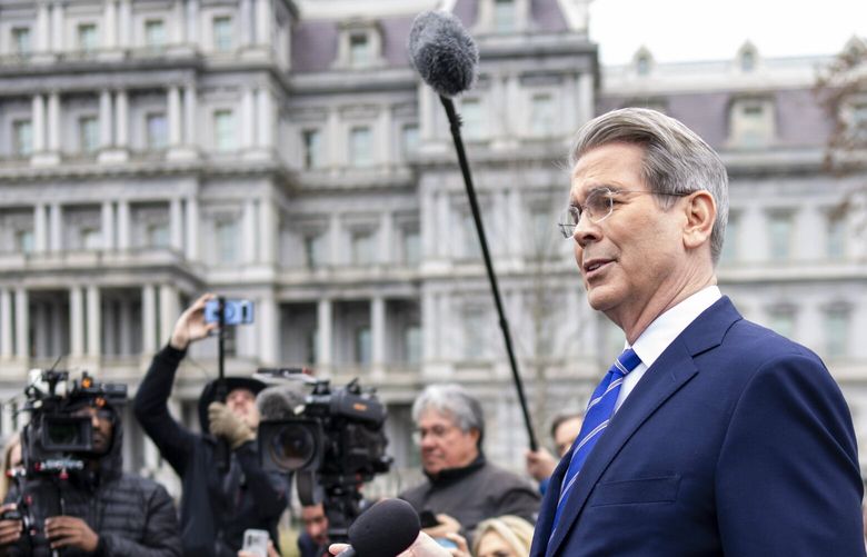 U.S. Treasury Secretary Scott Bessent, who has framed the short-term pain of tariffs as a necessary if difficult step to wean the U.S. economy off cheap foreign goods, talks to reporters outside the West Wing of the White House in Washington, March 13, 2025. The message from the Trump administration in recent weeks has been that his policies may cause short-term pain and possibly even a recession, but will produce big economic gains over time. In background: Eisenhower Executive Office Building. (Doug Mills/The New York Times) XNYT0065