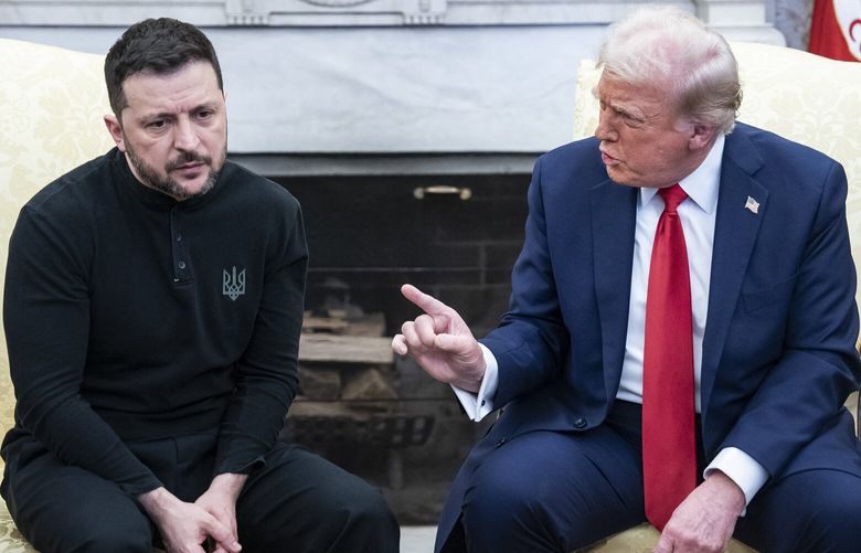 President Donald Trump scolds Ukrainian President Volodymyr Zelensky during their contentious Oval Office meeting on Feb. 28. MUST CREDIT: Jabin Botsford/The Washington Post