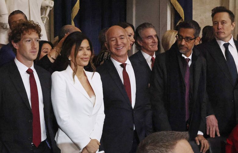 From left, Priscilla Chan, Meta CEO Mark Zuckerberg, Lauren Sanchez, Amazon founder Jeff Bezos, Google CEO Sundar Pichai and Elon Musk attend the 60th Presidential Inauguration in the Rotunda of the U.S. Capitol in Washington, Monday, Jan. 20, 2025. (Chip Somodevilla/Pool Photo via AP)